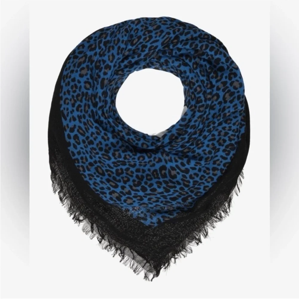 Zadig & Voltaire Delta Je M'en Fous Leopard Print Black & Blue Scarf Wrap XL